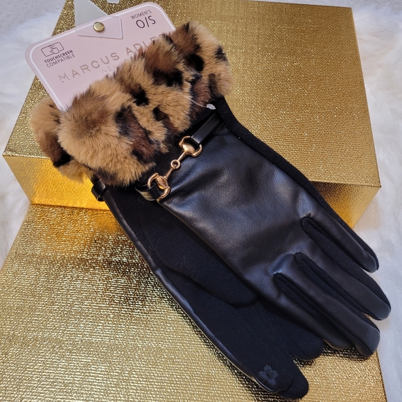 Marcus Adler Black Gloves with Leopard Print Cuff. Gold Tone Accent. O/S. - Picture 9 of 14